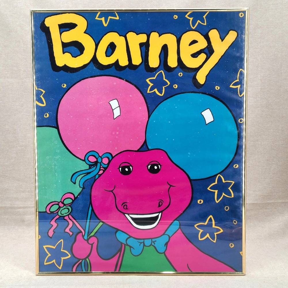 Vintage Barney & Friends Dinosaur Balloon Framed Poster 16x20 Purple Gold Frame